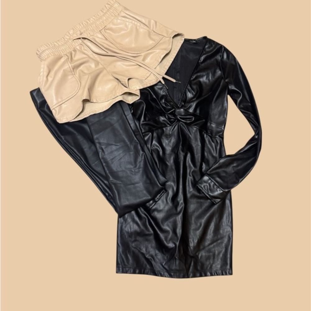 Faux Leather Dress, pants and Tan Shorts Set